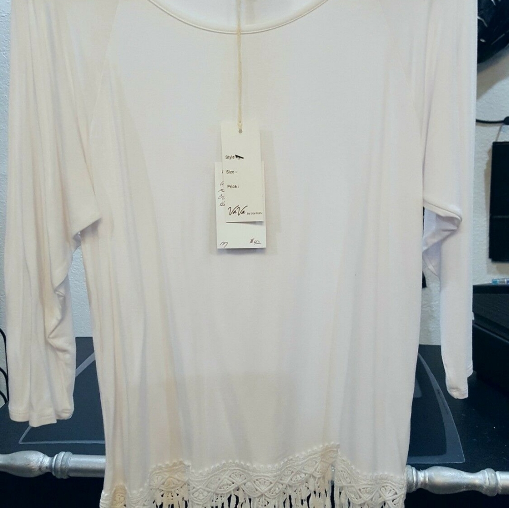 Nwt white crochet tassel hem knit raglan tunic top